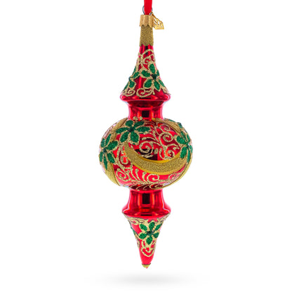 Holly & Gold Scroll Double-Ended Finial Drop Glass Christmas Ornament