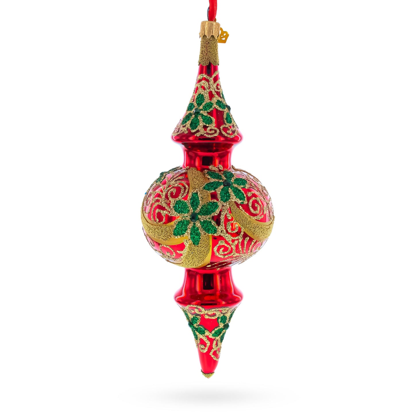 Holly & Gold Scroll Double-Ended Finial Drop Glass Christmas Ornament