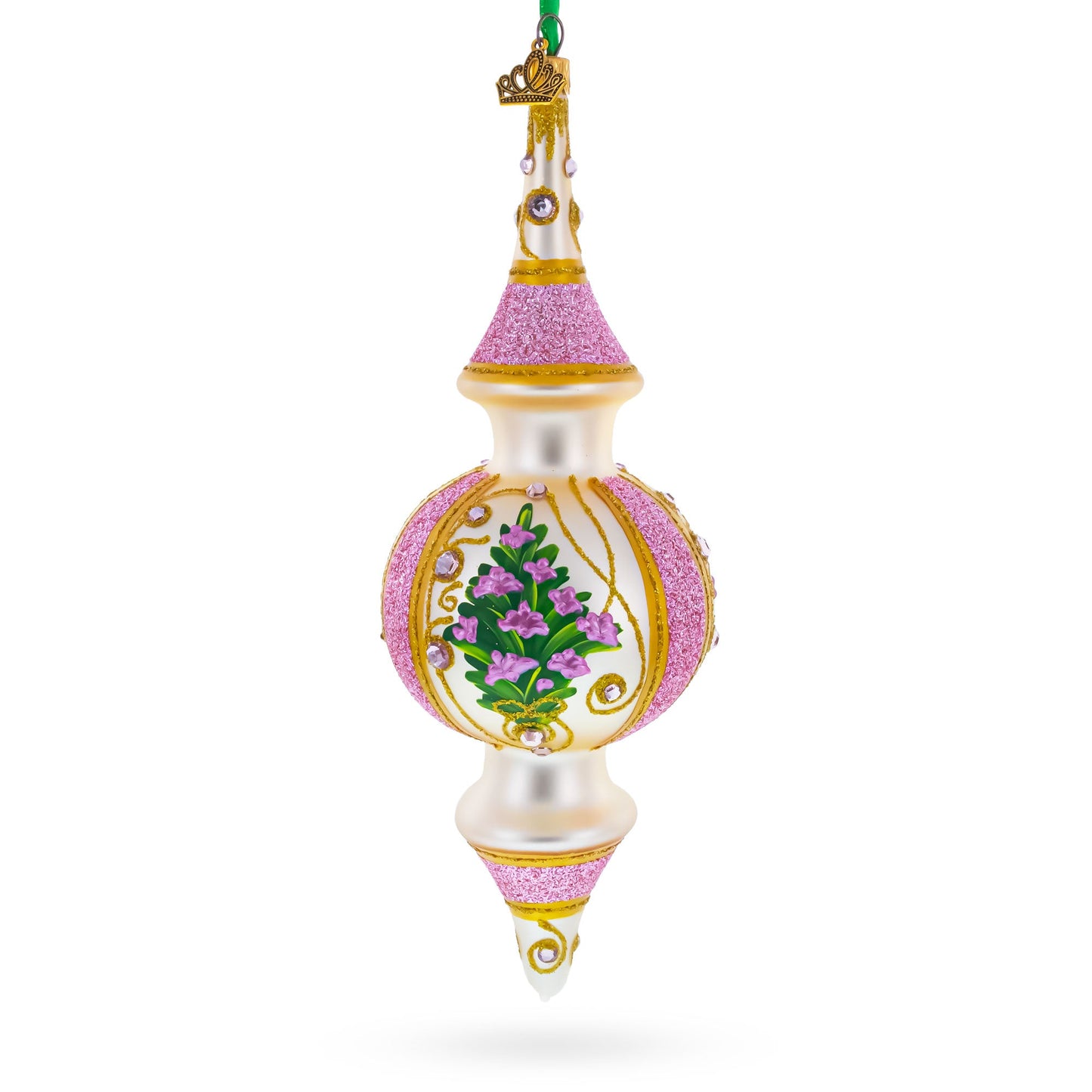 Pink Embossed  Blossom Double-Ended Finial Drop Glass Christmas Ornament