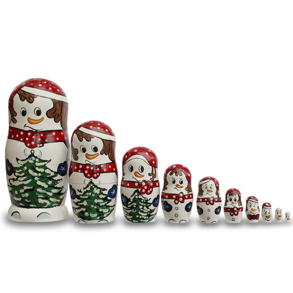 Set of 10 Snowmen with Christmas Tree Wooden Nesting Dolls 10.25 Inches