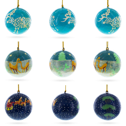 Set of 3 Night Sky Reindeer & Santa Sleigh Wooden Christmas Ball Ornaments