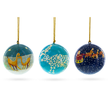 Set of 3 Night Sky Reindeer & Santa Sleigh Wooden Christmas Ball Ornaments